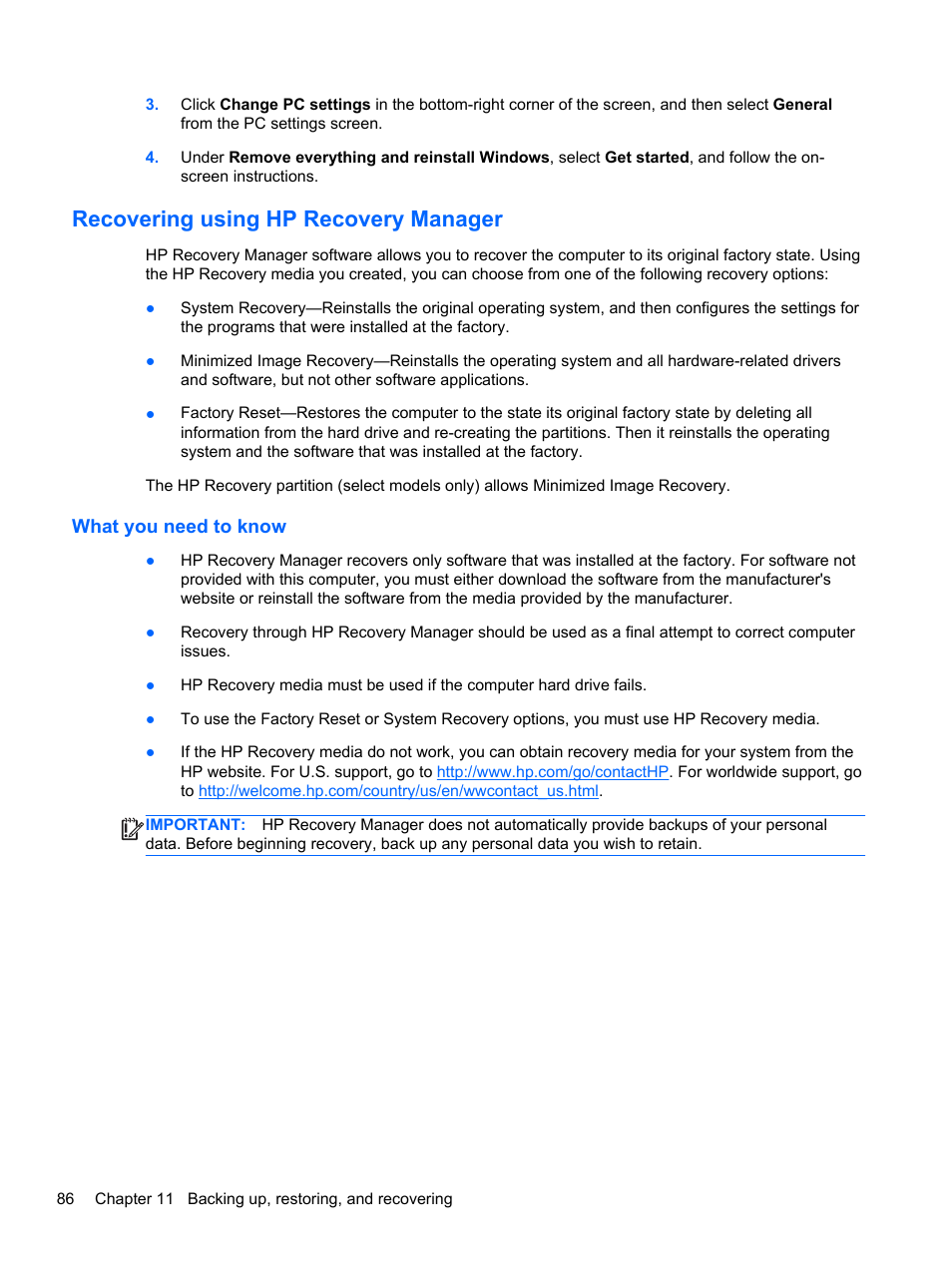 Recovering using hp recovery manager, What you need to know | HP ENVY dv7-7323cl Notebook PC User Manual | Page 96 / 104