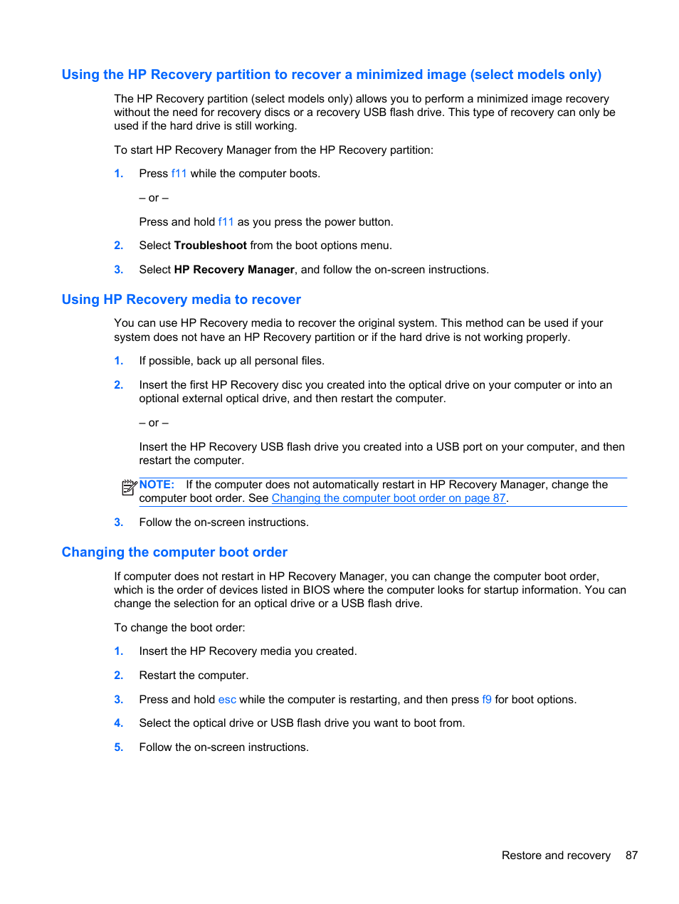 Using hp recovery media to recover, Changing the computer boot order | HP ENVY dv7-7323cl Notebook PC User Manual | Page 97 / 104