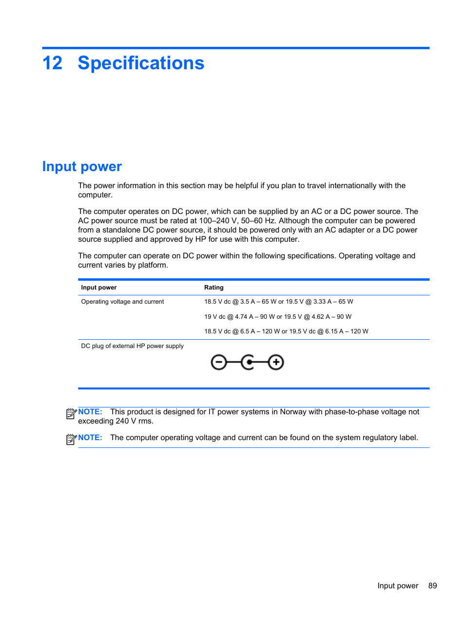 Specifications, Input power, 12 specifications | HP ENVY dv7-7323cl Notebook PC User Manual | Page 99 / 104