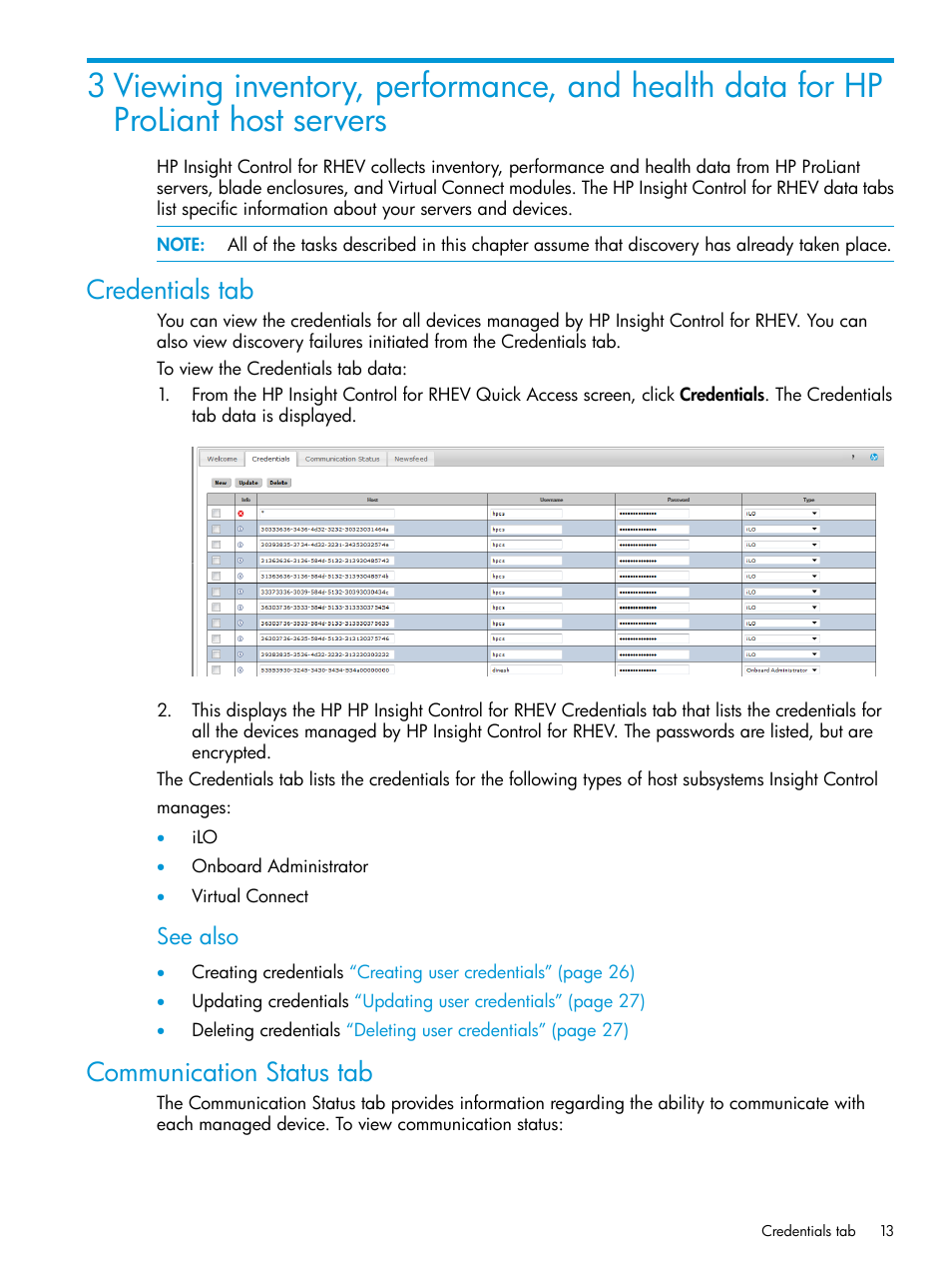 Credentials tab, Communication status tab, Credentials tab communication status tab | See also | HP OneView for Red Hat Enterprise Virtualization User Manual | Page 13 / 40