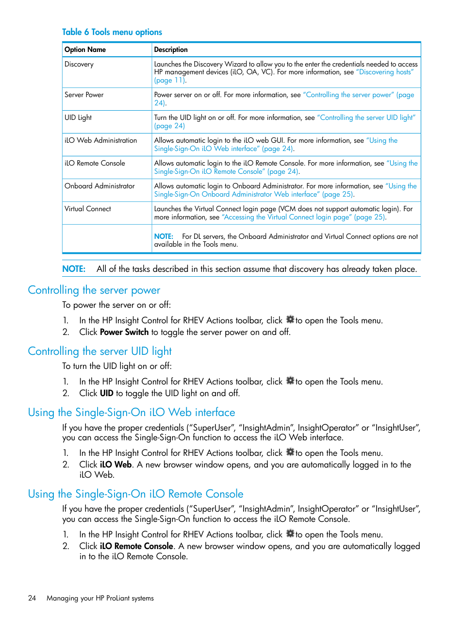 Controlling the server power, Controlling the server uid light, Using the single-sign-on ilo web interface | Using the single-sign-on ilo remote console | HP OneView for Red Hat Enterprise Virtualization User Manual | Page 24 / 40