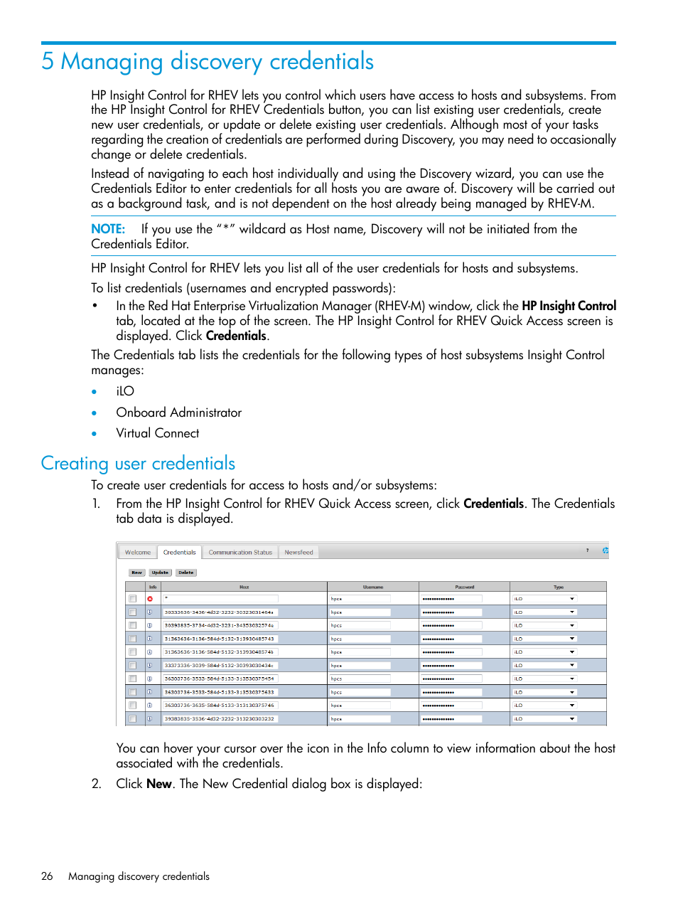 5 managing discovery credentials, Creating user credentials | HP OneView for Red Hat Enterprise Virtualization User Manual | Page 26 / 40