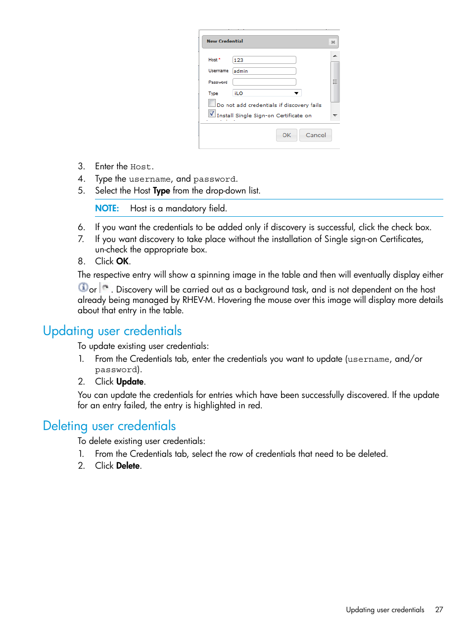 Updating user credentials, Deleting user credentials | HP OneView for Red Hat Enterprise Virtualization User Manual | Page 27 / 40