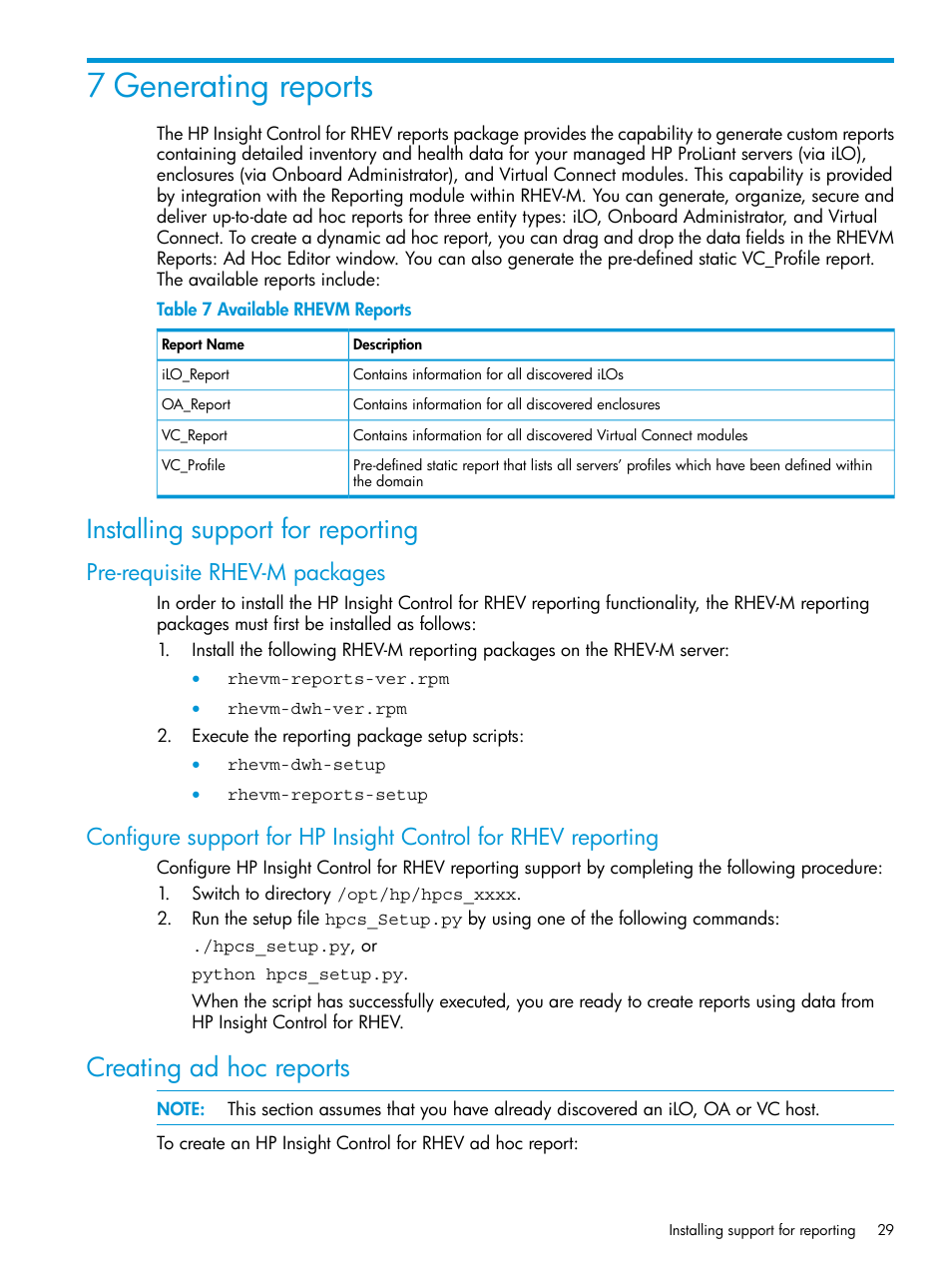 7 generating reports, Installing support for reporting, Pre-requisite rhev-m packages | Creating ad hoc reports | HP OneView for Red Hat Enterprise Virtualization User Manual | Page 29 / 40