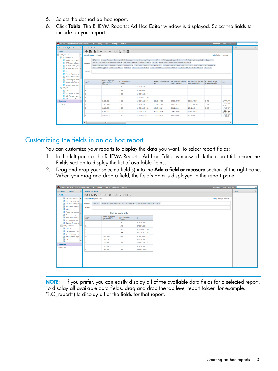 Customizing the fields in an ad hoc report | HP OneView for Red Hat Enterprise Virtualization User Manual | Page 31 / 40