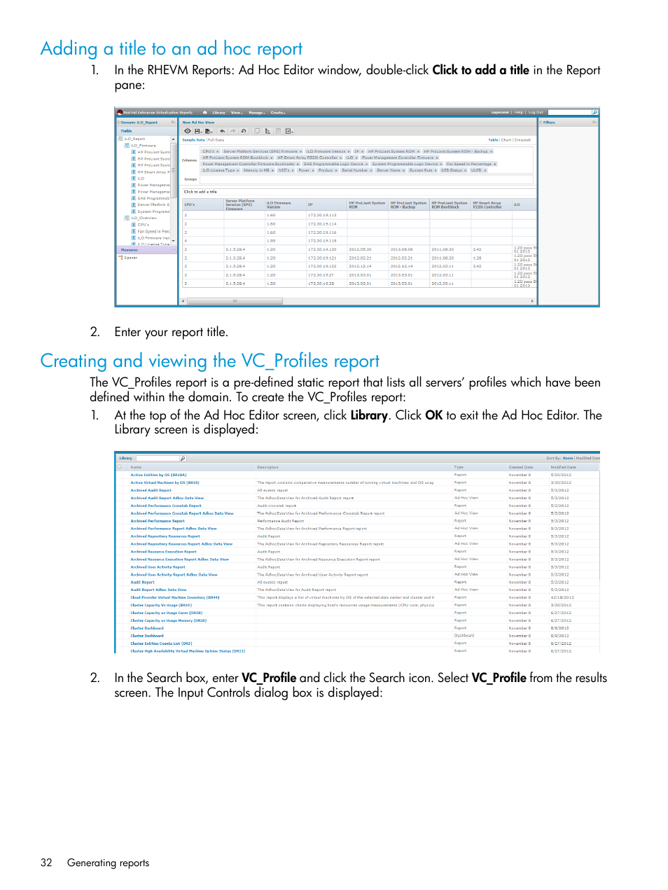 Adding a title to an ad hoc report, Creating and viewing the vc_profiles report | HP OneView for Red Hat Enterprise Virtualization User Manual | Page 32 / 40