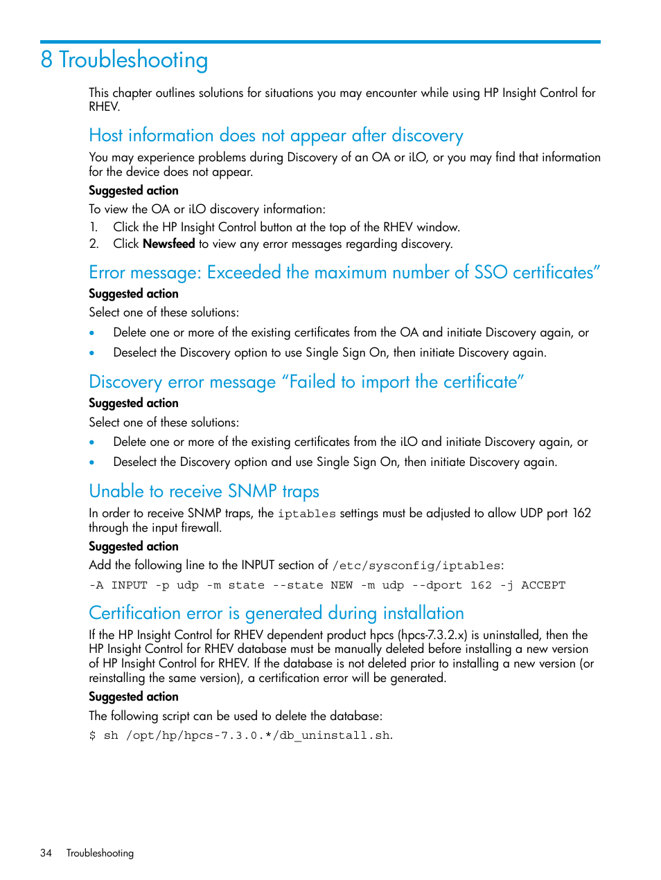 8 troubleshooting, Host information does not appear after discovery, Unable to receive snmp traps | HP OneView for Red Hat Enterprise Virtualization User Manual | Page 34 / 40