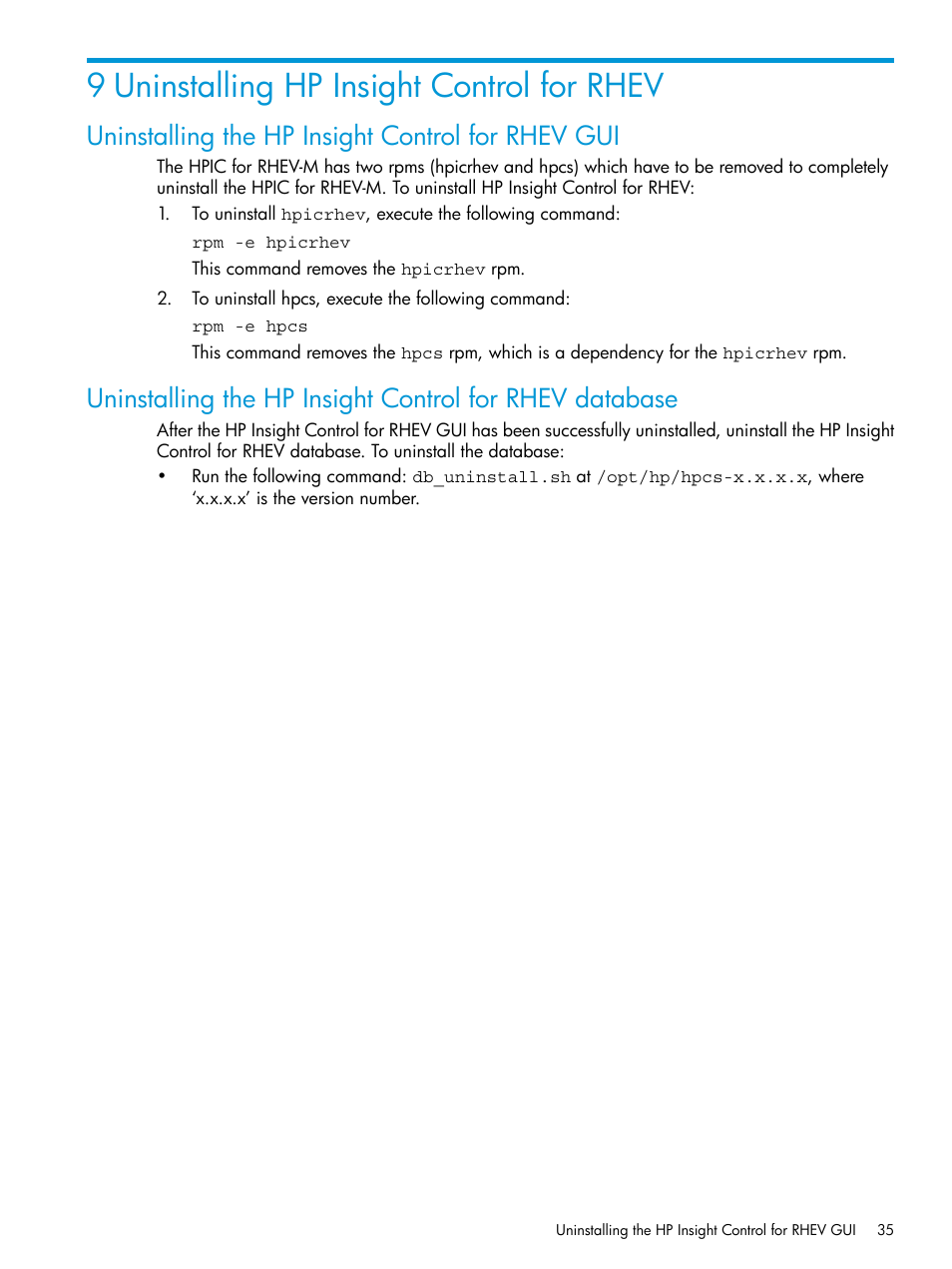 9 uninstalling hp insight control for rhev, Uninstalling the hp insight control for rhev gui | HP OneView for Red Hat Enterprise Virtualization User Manual | Page 35 / 40