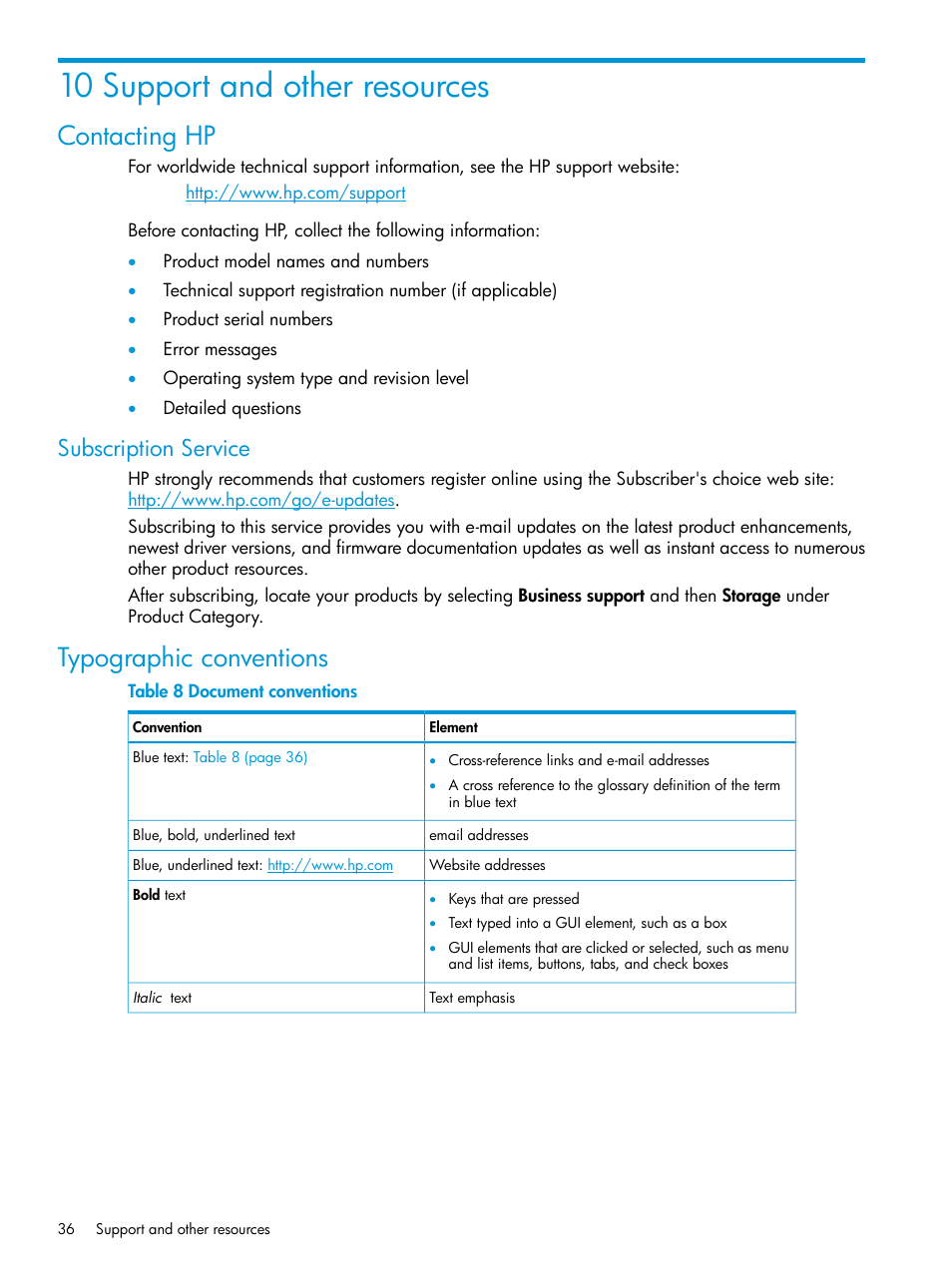 10 support and other resources, Contacting hp, Subscription service | Typographic conventions | HP OneView for Red Hat Enterprise Virtualization User Manual | Page 36 / 40