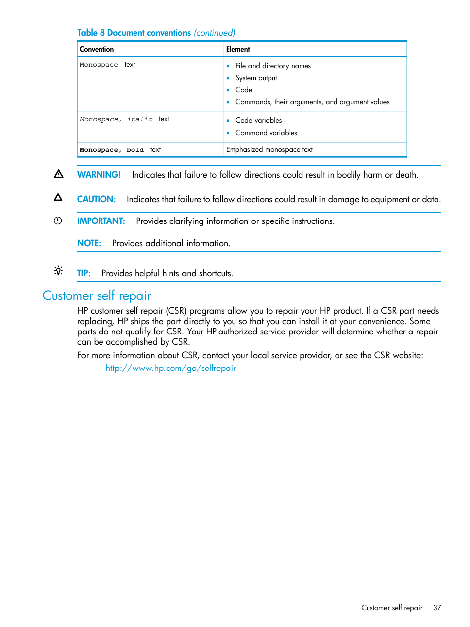 Customer self repair | HP OneView for Red Hat Enterprise Virtualization User Manual | Page 37 / 40