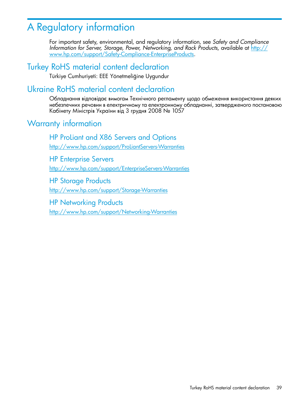 A regulatory information, Turkey rohs material content declaration, Ukraine rohs material content declaration | Warranty information | HP OneView for Red Hat Enterprise Virtualization User Manual | Page 39 / 40