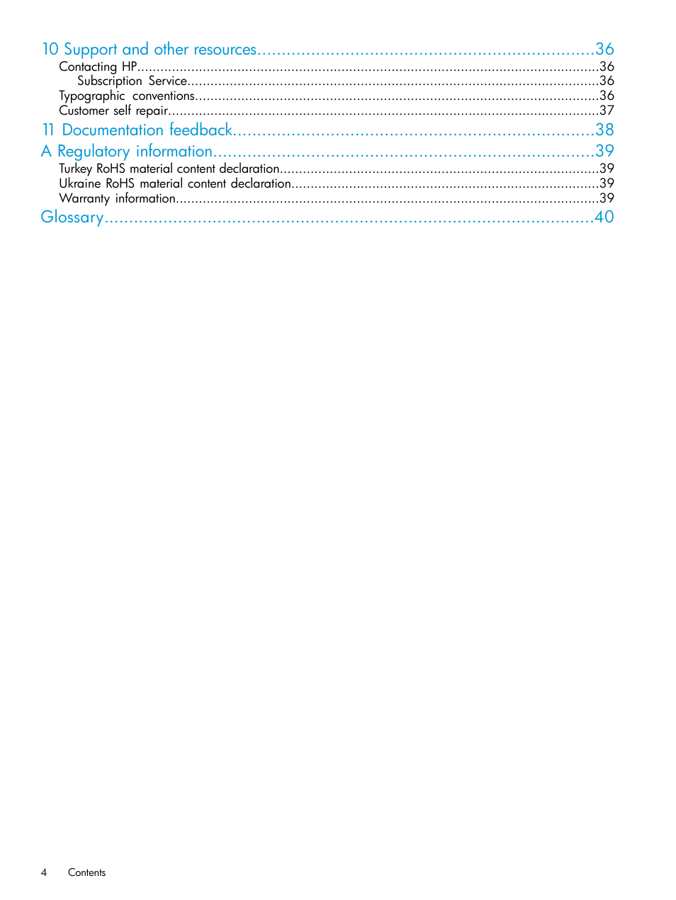 10 support and other resources, 11 documentation feedback a regulatory information, Glossary | HP OneView for Red Hat Enterprise Virtualization User Manual | Page 4 / 40