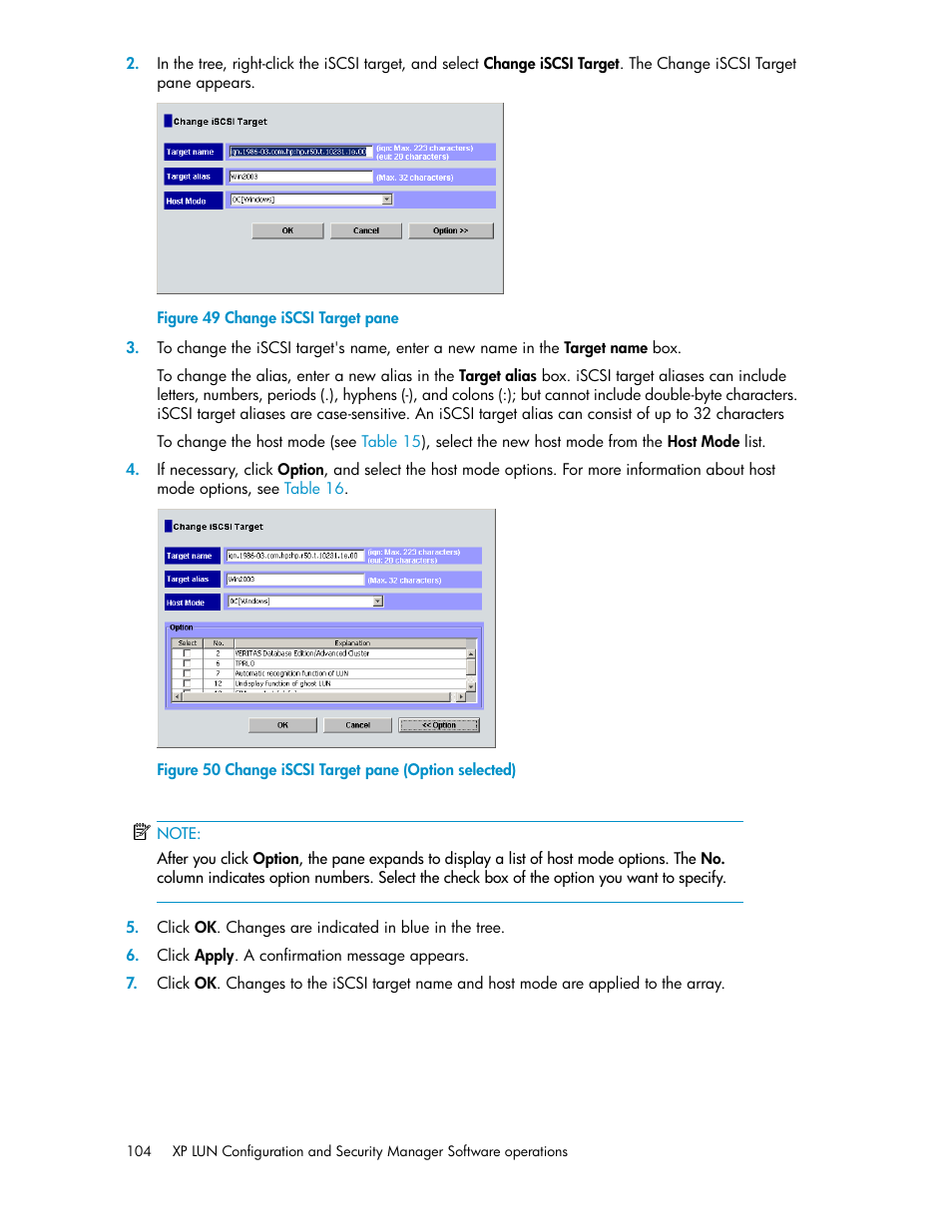 Change iscsi target pane, Change iscsi target pane (option selected) | HP StorageWorks XP Remote Web Console Software User Manual | Page 104 / 250