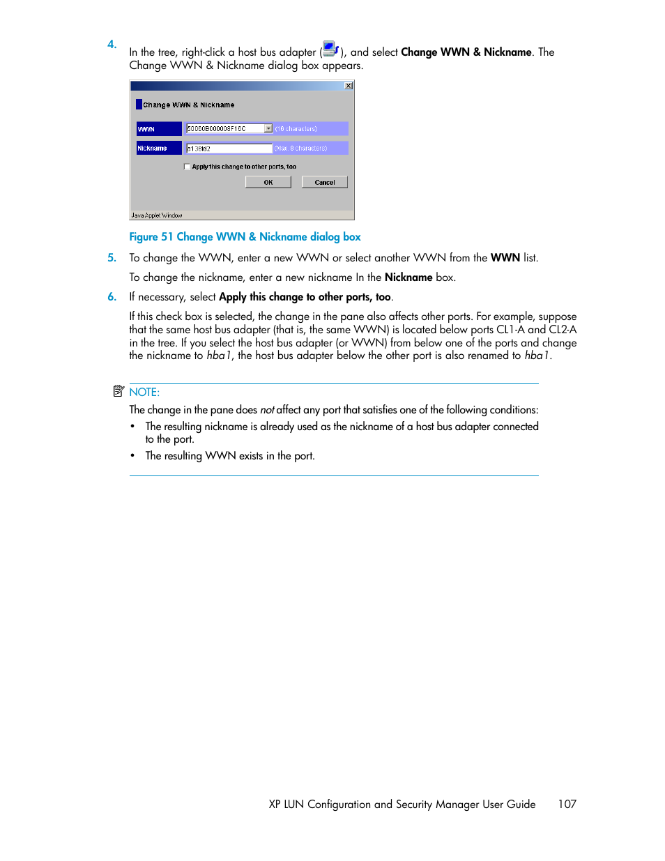 Change wwn & nickname dialog box | HP StorageWorks XP Remote Web Console Software User Manual | Page 107 / 250