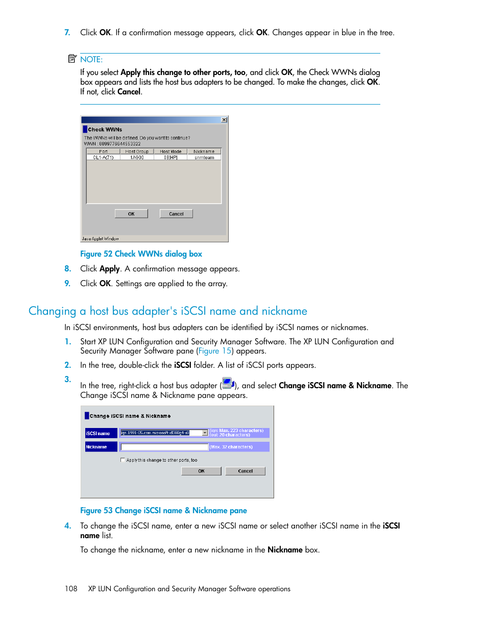 Check wwns dialog box, Change iscsi name & nickname pane | HP StorageWorks XP Remote Web Console Software User Manual | Page 108 / 250