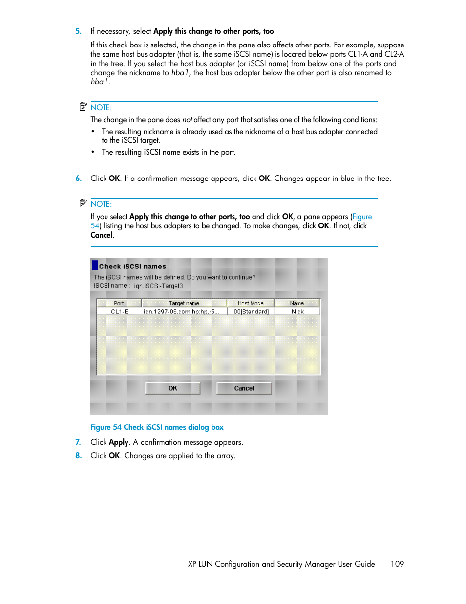 Check iscsi names dialog box | HP StorageWorks XP Remote Web Console Software User Manual | Page 109 / 250