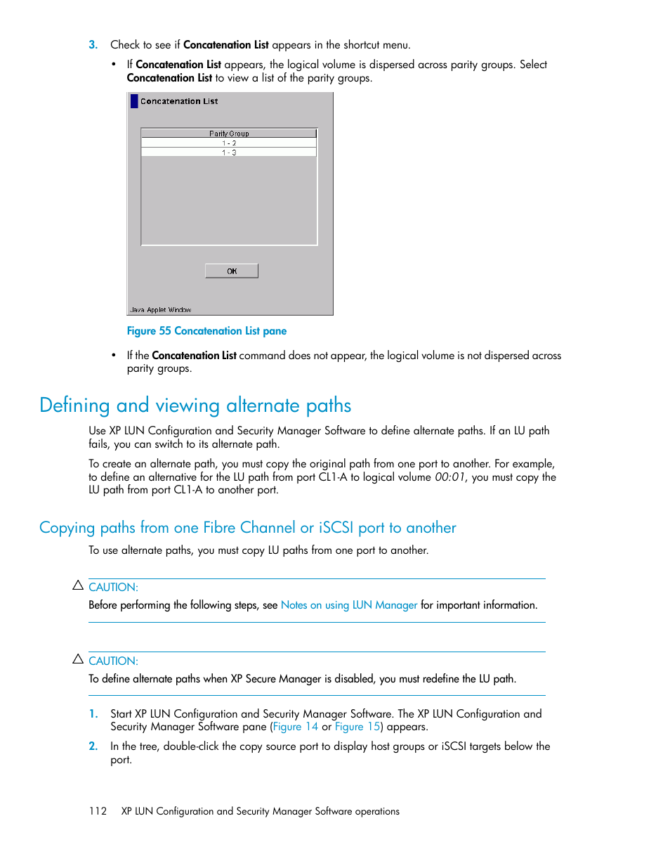 Defining and viewing alternate paths, Concatenation list pane | HP StorageWorks XP Remote Web Console Software User Manual | Page 112 / 250