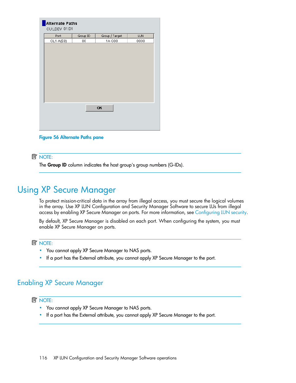 Using xp secure manager, Enabling xp secure manager, Alternate paths pane | Using lun security | HP StorageWorks XP Remote Web Console Software User Manual | Page 116 / 250