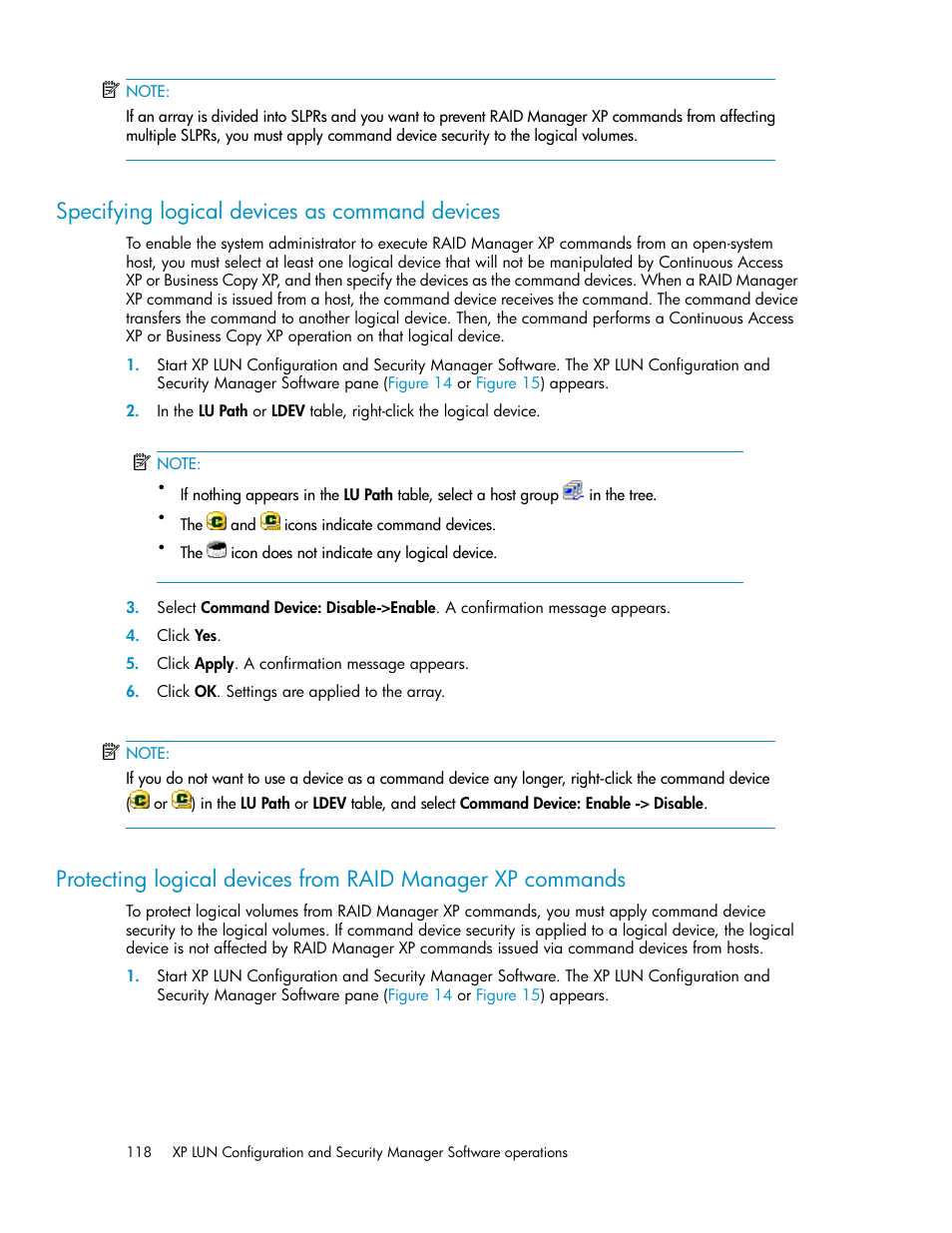 Specifying logical devices as command devices | HP StorageWorks XP Remote Web Console Software User Manual | Page 118 / 250