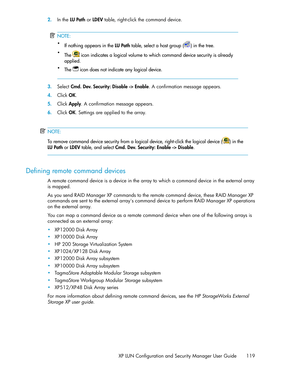 Defining remote command devices | HP StorageWorks XP Remote Web Console Software User Manual | Page 119 / 250