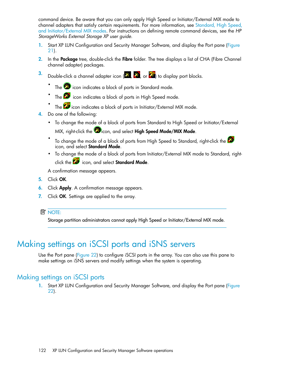 Making settings on iscsi ports and isns servers, Making settings on iscsi ports, Making settings | On iscsi ports and isns servers | HP StorageWorks XP Remote Web Console Software User Manual | Page 122 / 250