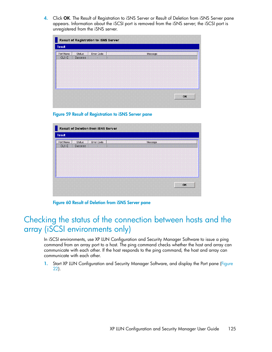 Result of registration to isns server pane, Result of deletion from isns server pane | HP StorageWorks XP Remote Web Console Software User Manual | Page 125 / 250