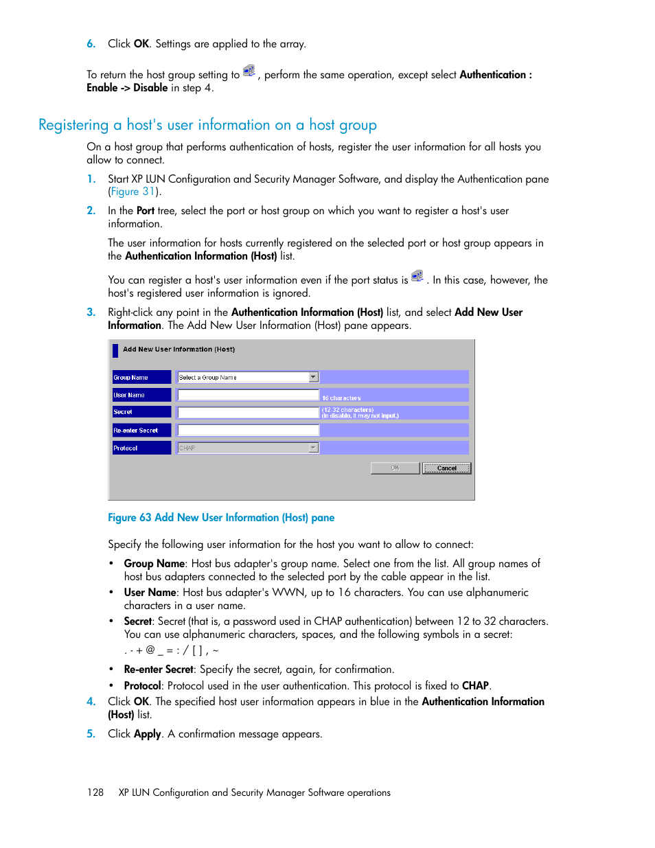 Add new user information (host) pane, Registering a host's user inform, Ation on a host group | HP StorageWorks XP Remote Web Console Software User Manual | Page 128 / 250