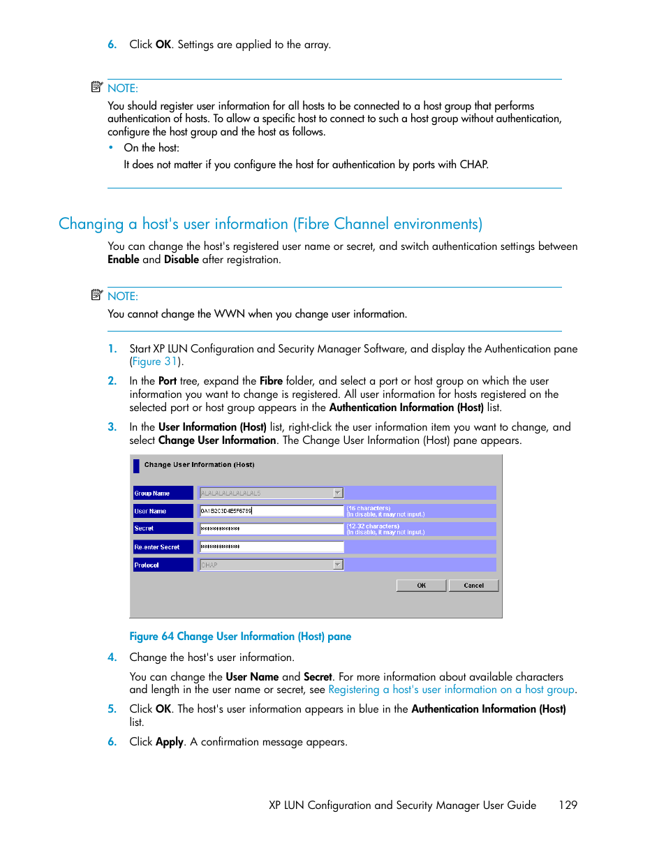Change user information (host) pane | HP StorageWorks XP Remote Web Console Software User Manual | Page 129 / 250