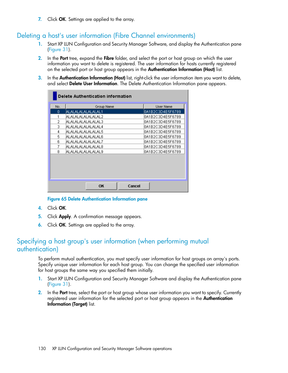 Delete authentication information pane, Specifying a host group's user | HP StorageWorks XP Remote Web Console Software User Manual | Page 130 / 250