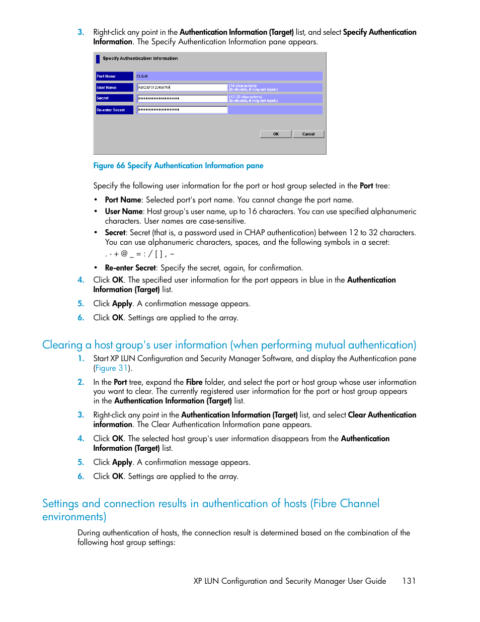 Specify authentication information pane | HP StorageWorks XP Remote Web Console Software User Manual | Page 131 / 250