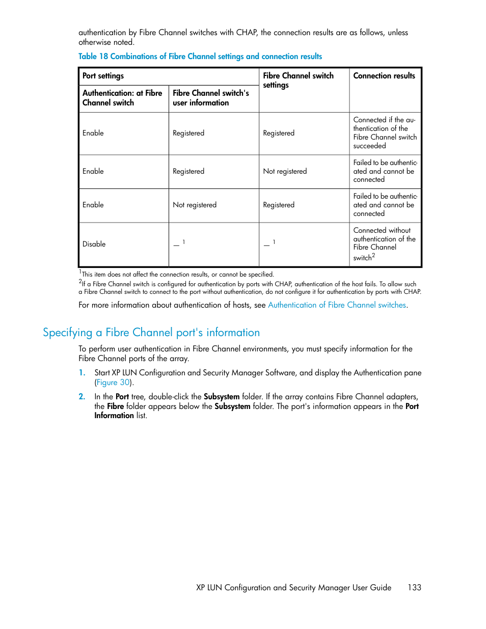 Specifying a fibre channel port's information, Table 18 | HP StorageWorks XP Remote Web Console Software User Manual | Page 133 / 250