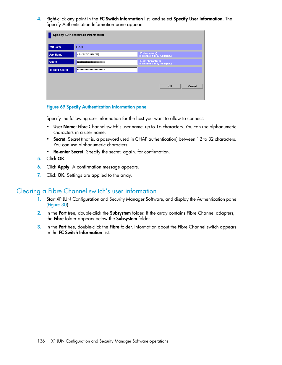 Clearing a fibre channel switch's user information, Specify authentication information pane | HP StorageWorks XP Remote Web Console Software User Manual | Page 136 / 250