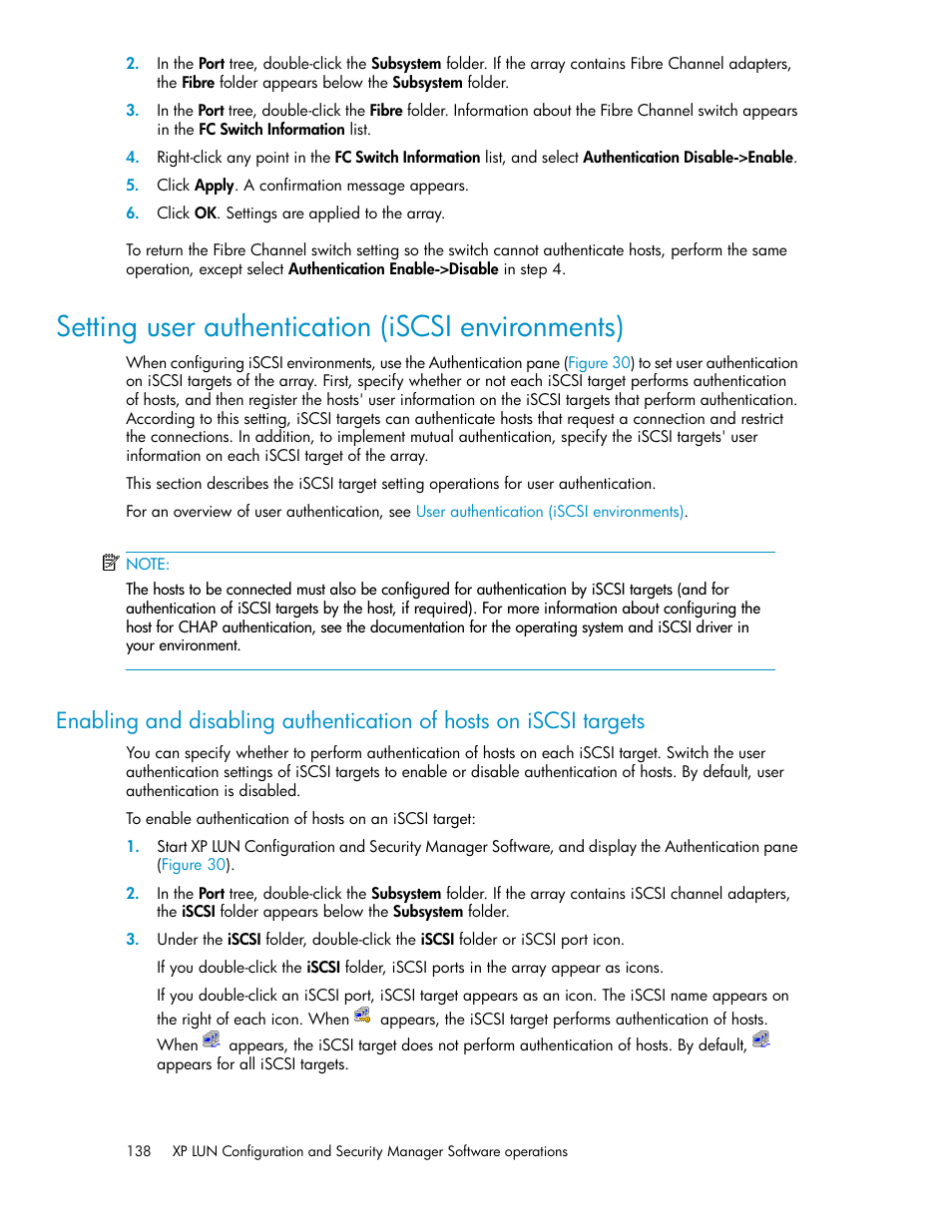 Setting user authentication (iscsi environments) | HP StorageWorks XP Remote Web Console Software User Manual | Page 138 / 250