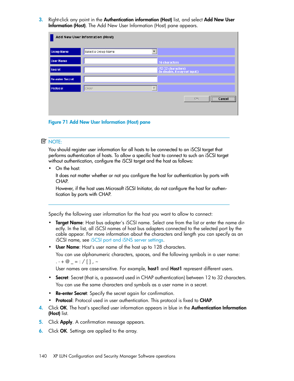 Add new user information (host) pane | HP StorageWorks XP Remote Web Console Software User Manual | Page 140 / 250