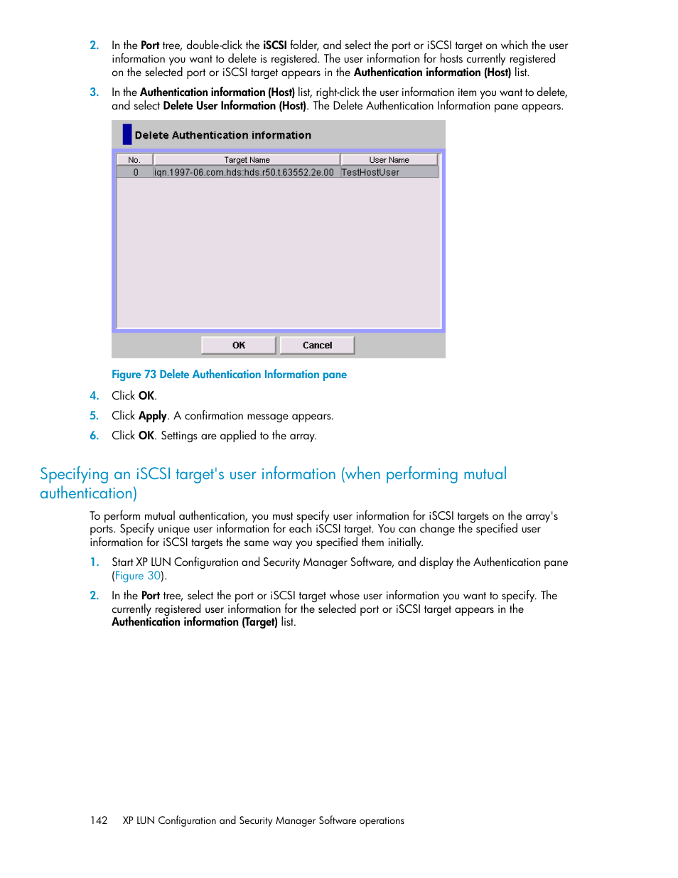 Delete authentication information pane, Specifying | HP StorageWorks XP Remote Web Console Software User Manual | Page 142 / 250