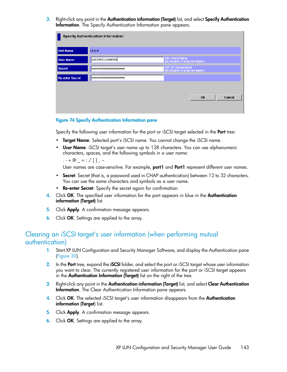 Specify authentication information pane | HP StorageWorks XP Remote Web Console Software User Manual | Page 143 / 250