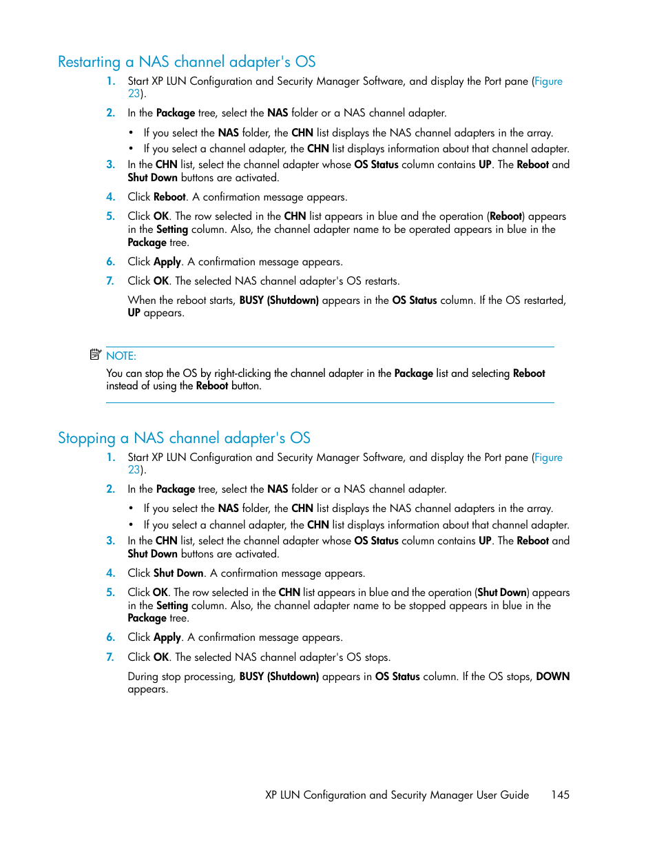 Restarting a nas channel adapter's os, Stopping a nas channel adapter's os, 145 stopping a nas channel adapter's os | HP StorageWorks XP Remote Web Console Software User Manual | Page 145 / 250