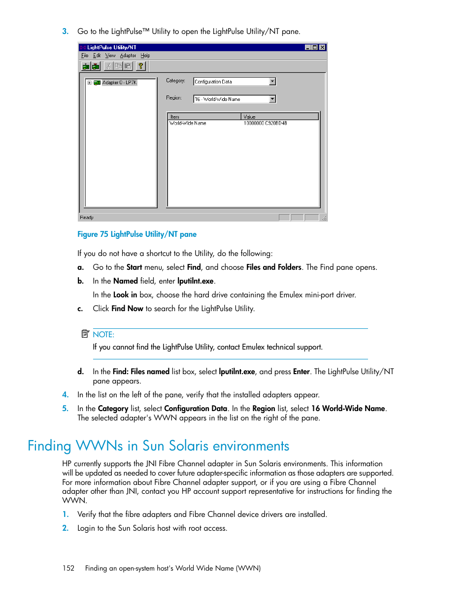 Finding wwns in sun solaris environments, Lightpulse utility/nt pane | HP StorageWorks XP Remote Web Console Software User Manual | Page 152 / 250