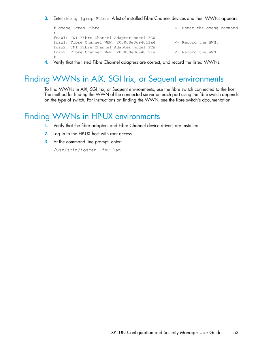 Finding wwns in hp-ux environments, 153 finding wwns in hp-ux environments | HP StorageWorks XP Remote Web Console Software User Manual | Page 153 / 250
