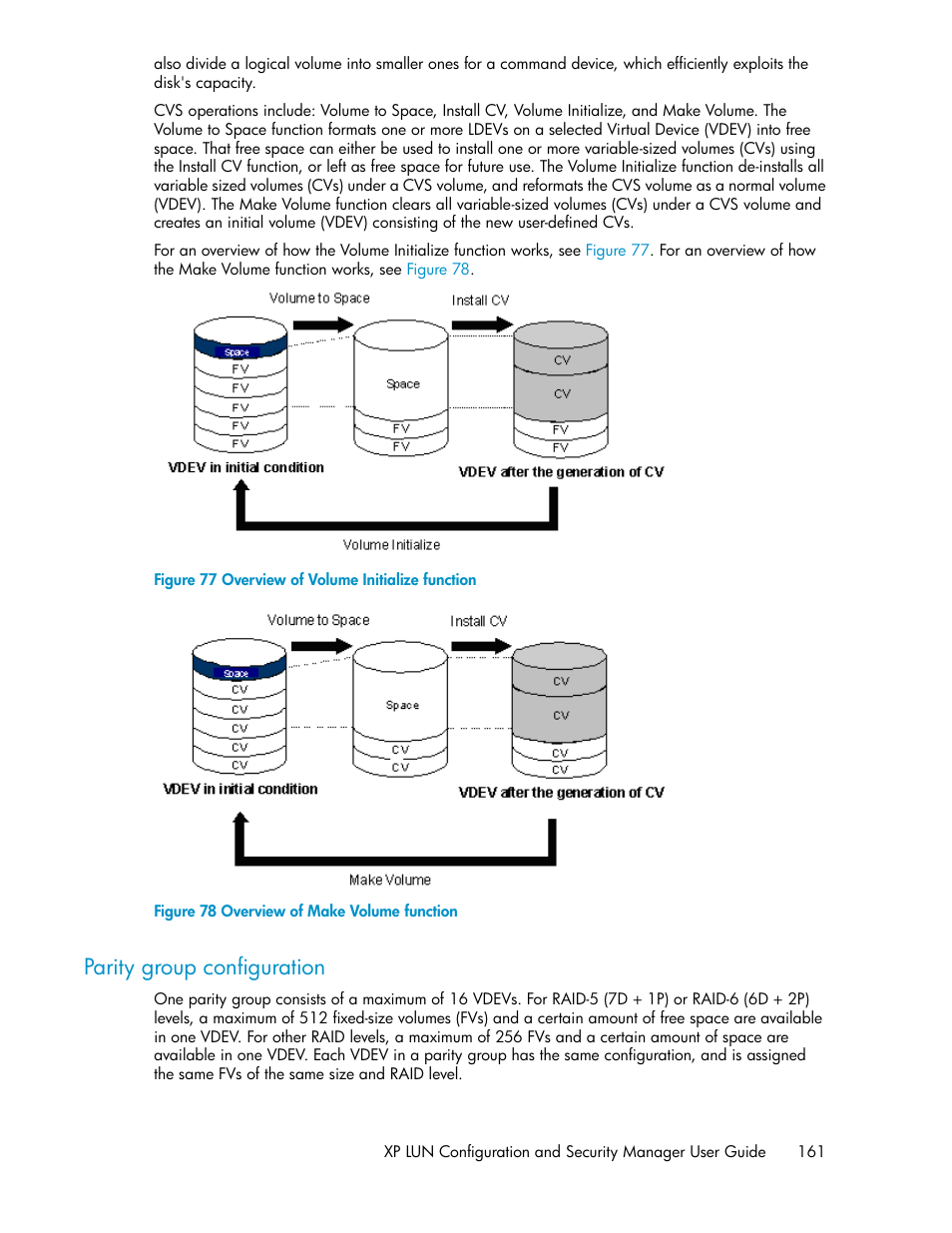 Parity group configuration, Overview of volume initialize function, Overview of make volume function | HP StorageWorks XP Remote Web Console Software User Manual | Page 161 / 250