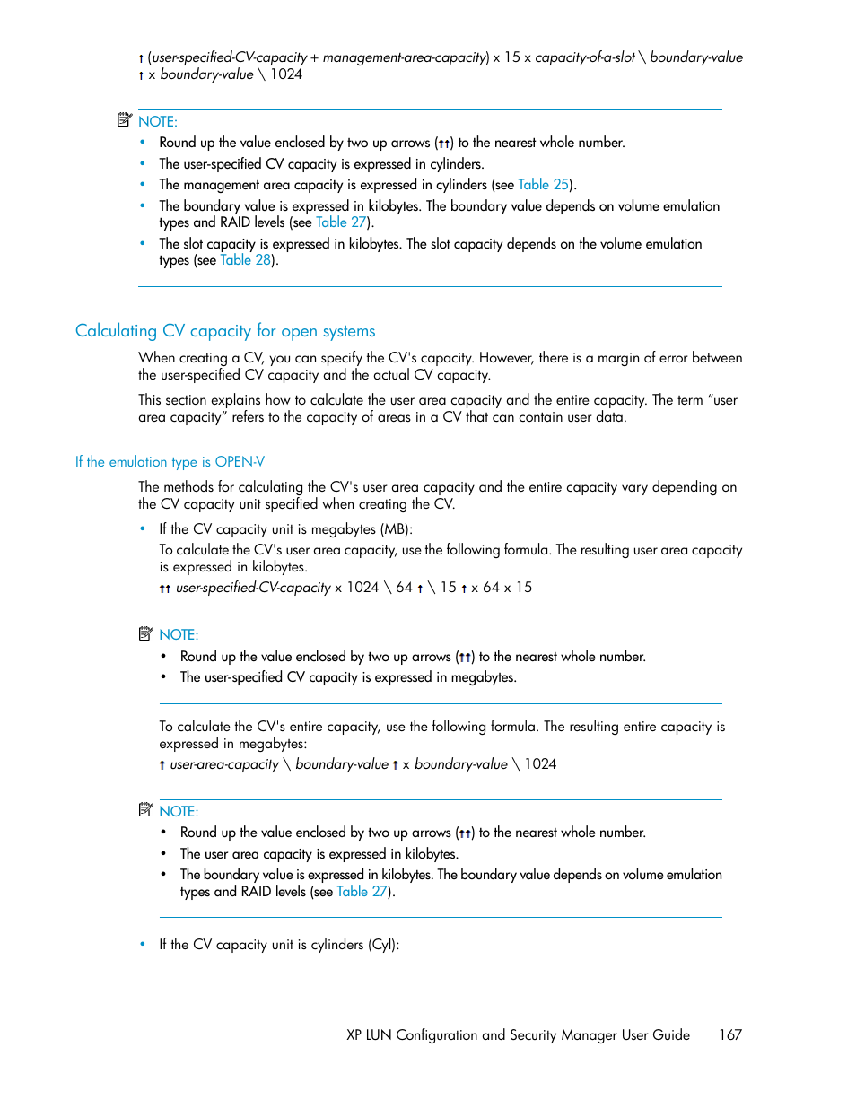 Calculating cv capacity for open systems, If the emulation type is open-v | HP StorageWorks XP Remote Web Console Software User Manual | Page 167 / 250