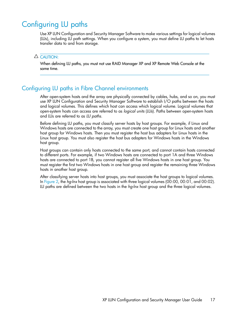 Configuring lu paths, Configuring lu paths in fibre channel environments | HP StorageWorks XP Remote Web Console Software User Manual | Page 17 / 250