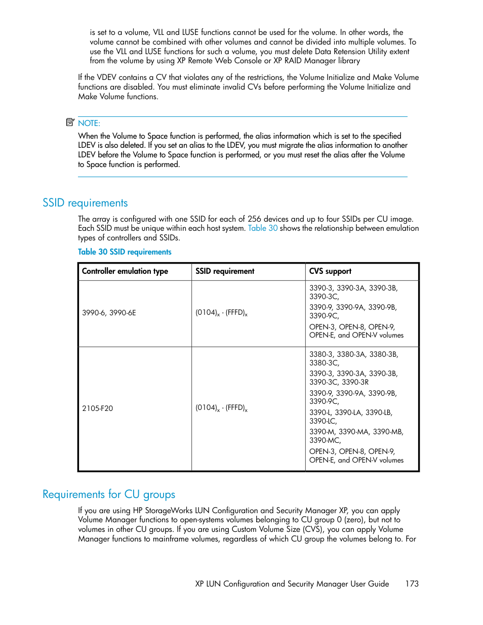 Ssid requirements, Requirements for cu groups, 173 requirements for cu groups | HP StorageWorks XP Remote Web Console Software User Manual | Page 173 / 250