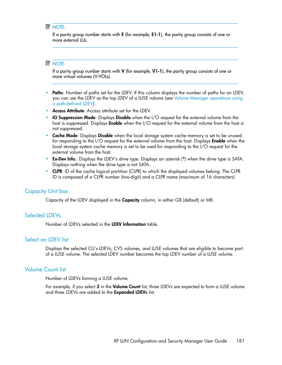 Capacity unit box, Selected ldevs, Select an ldev list | Volume count list, 181 selected ldevs, 181 select an ldev list, 181 volume count list | HP StorageWorks XP Remote Web Console Software User Manual | Page 181 / 250