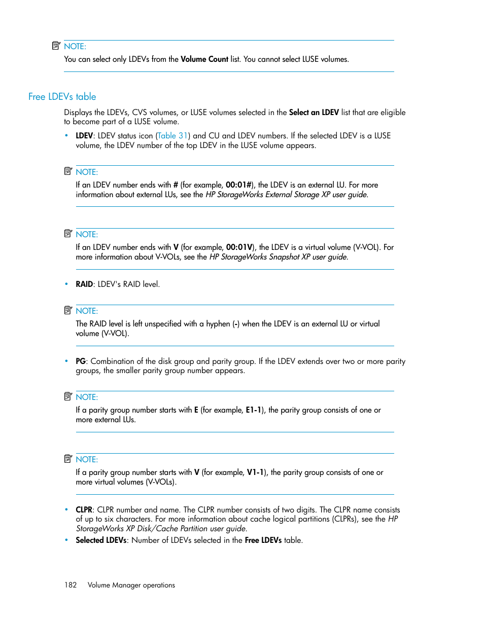 Free ldevs table | HP StorageWorks XP Remote Web Console Software User Manual | Page 182 / 250