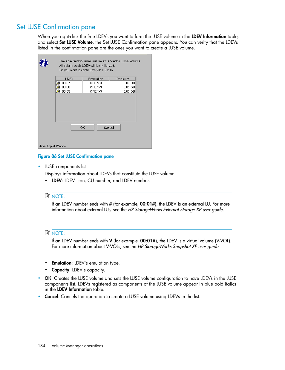 Set luse confirmation pane, Figure 86 | HP StorageWorks XP Remote Web Console Software User Manual | Page 184 / 250