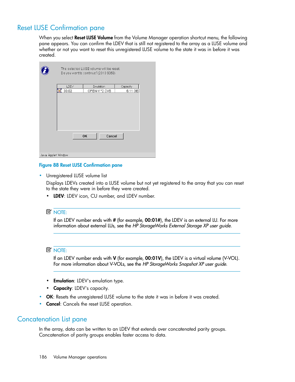 Reset luse confirmation pane, Concatenation list pane, 186 concatenation list pane | Figure 88 | HP StorageWorks XP Remote Web Console Software User Manual | Page 186 / 250