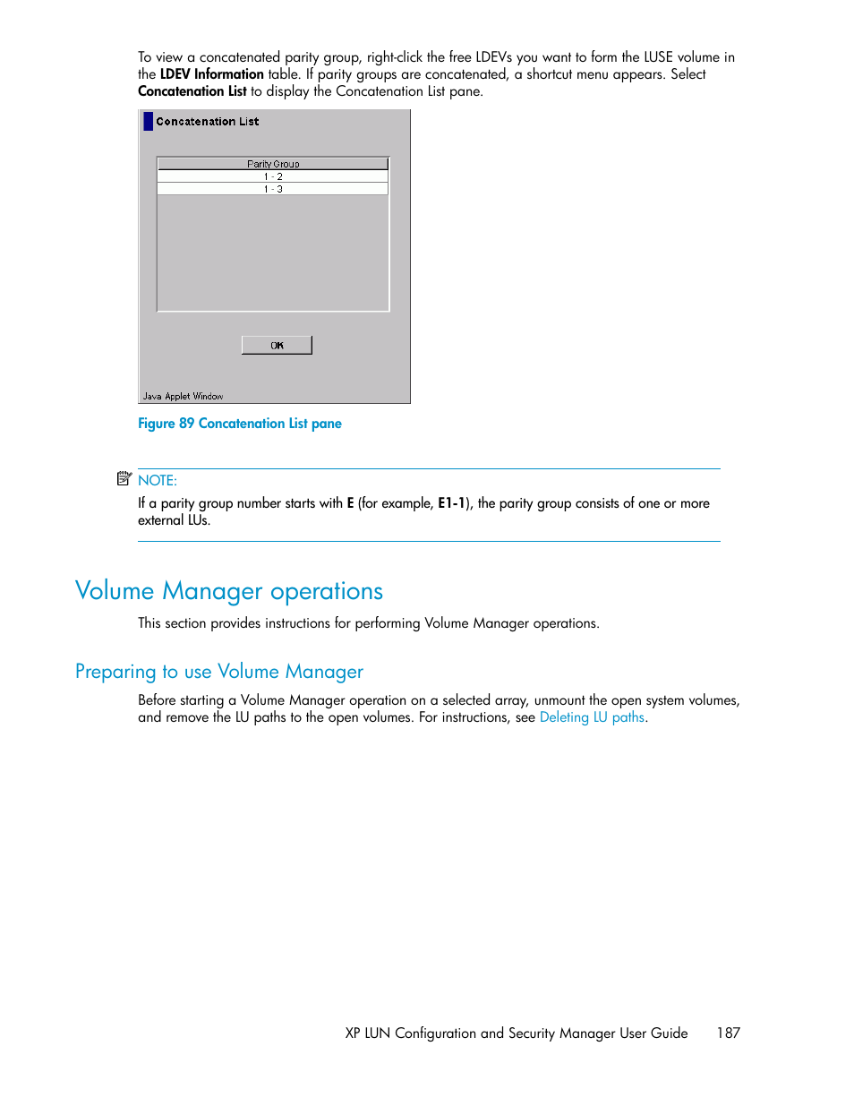 Volume manager operations, Preparing to use volume manager, Concatenation list pane | Figure 89 | HP StorageWorks XP Remote Web Console Software User Manual | Page 187 / 250