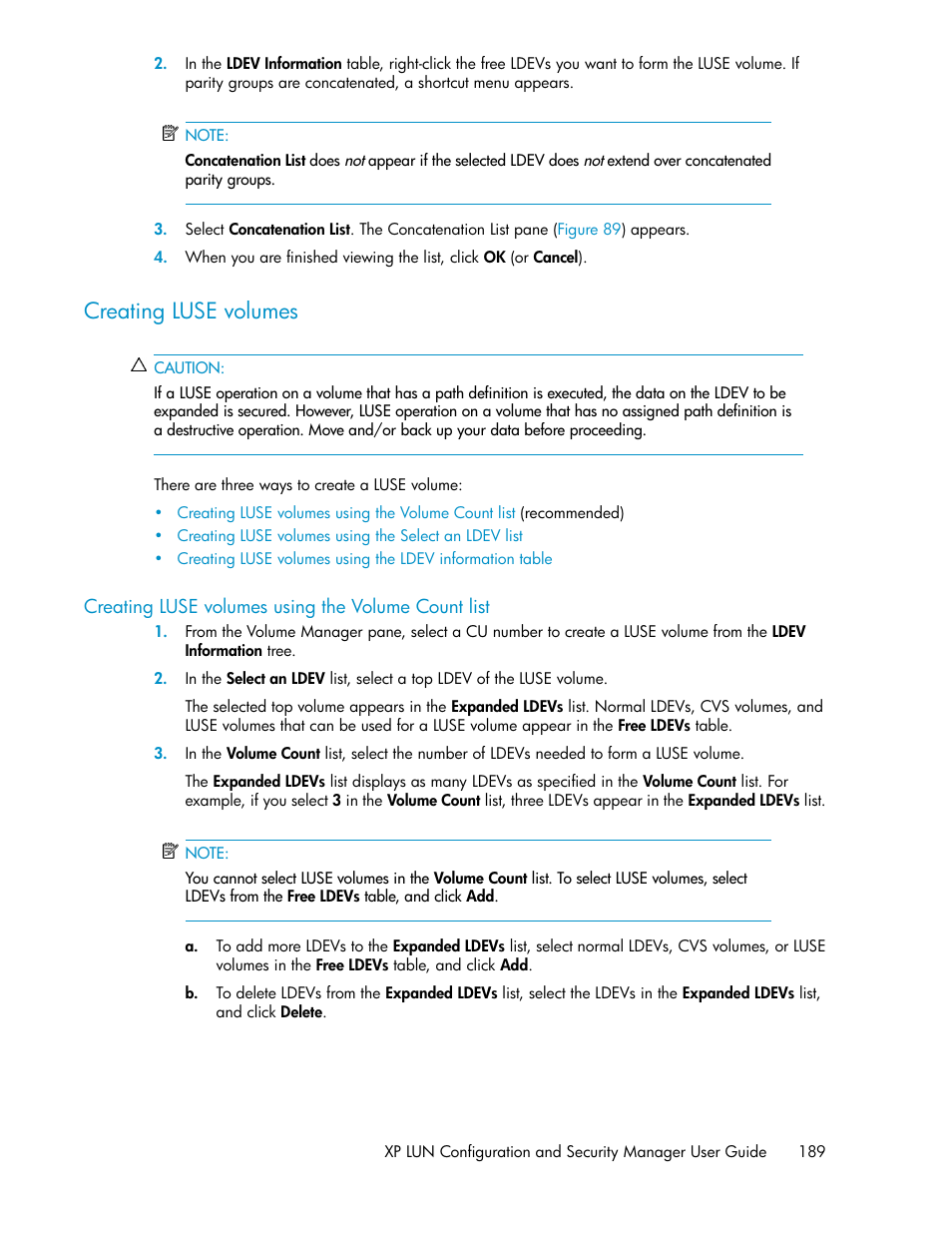 Creating luse volumes, Creating luse volumes using the volume count list, Creating luse | Volumes | HP StorageWorks XP Remote Web Console Software User Manual | Page 189 / 250