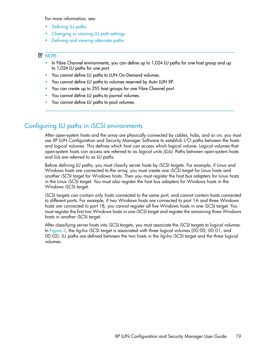 Configuring lu paths in iscsi environments | HP StorageWorks XP Remote Web Console Software User Manual | Page 19 / 250